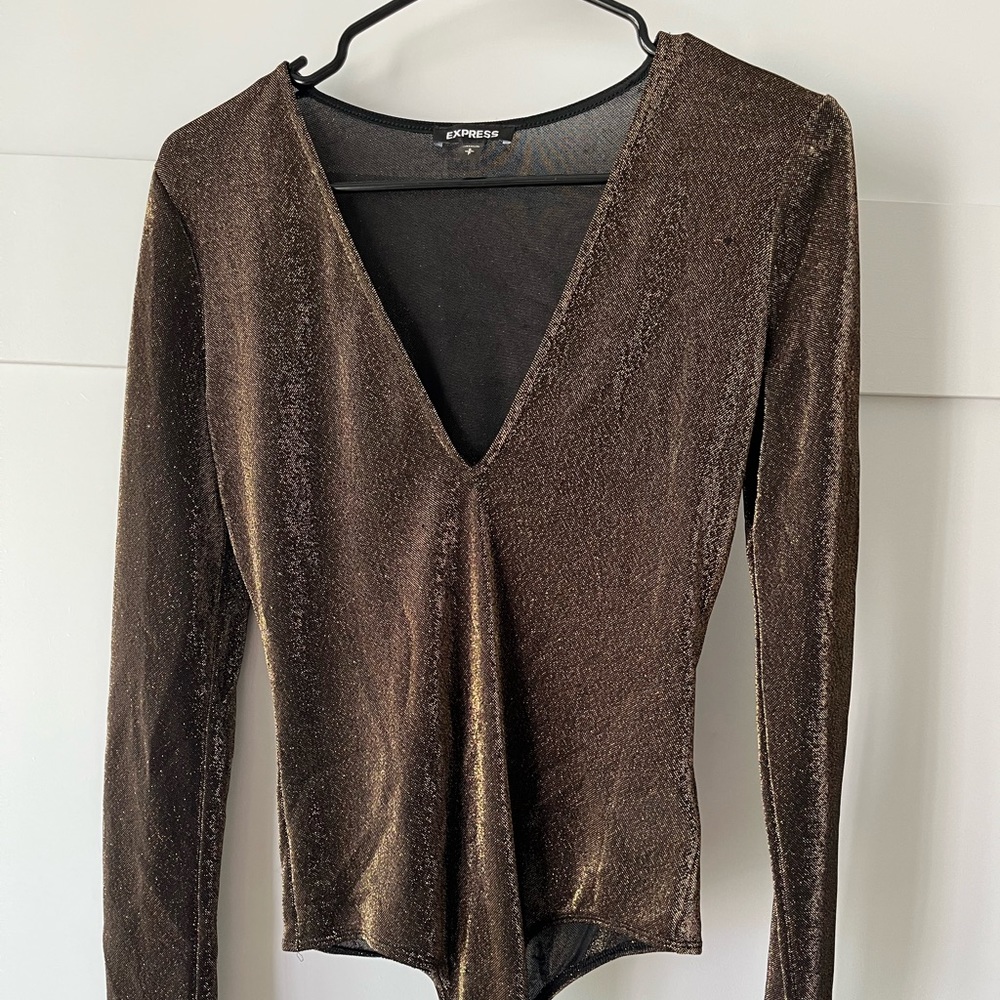 Express Gold Shimmer Long Sleeve Thong Bodysuit Size Small